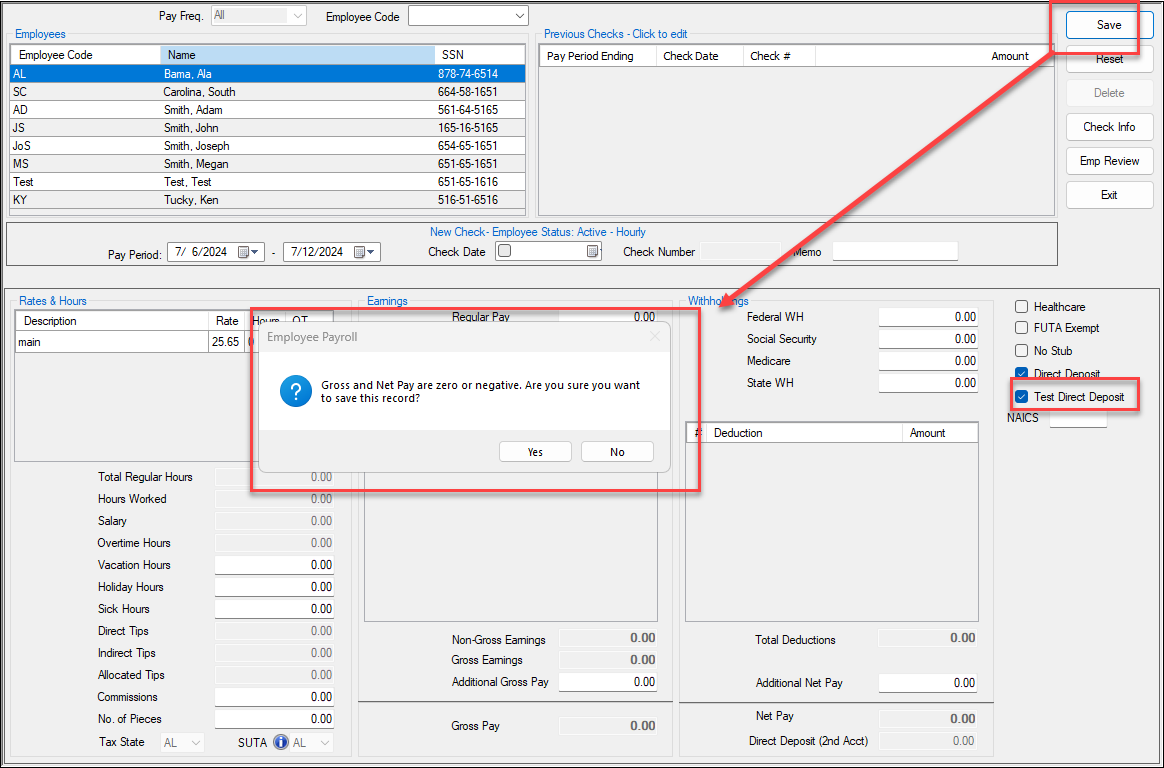 Image showing the test direct deposit screen.